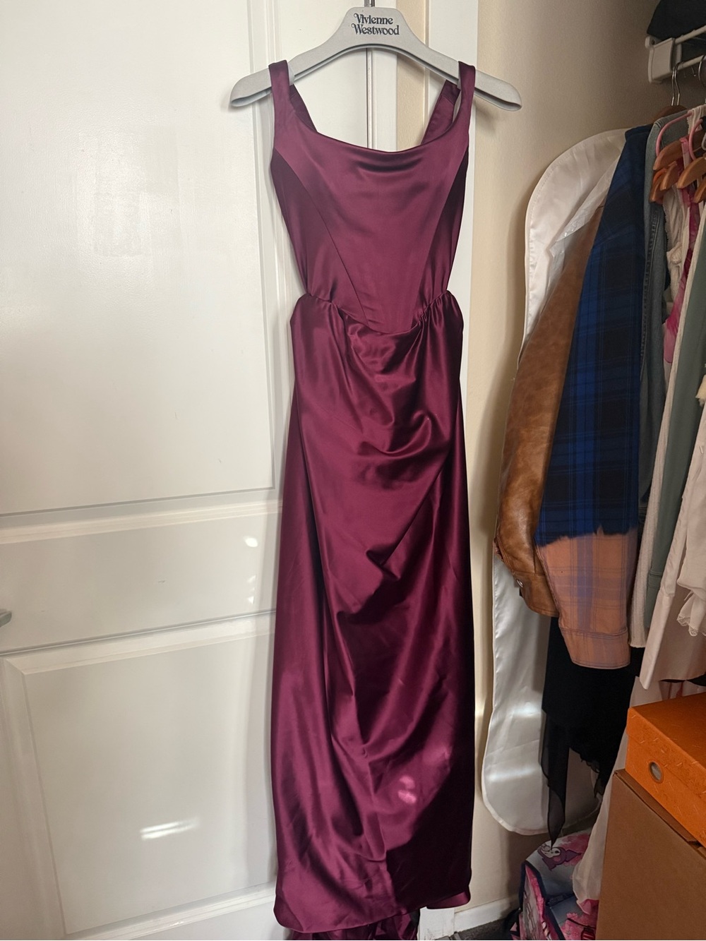 Vivienne Westwood Off-Shoulder Plum Satin Evening Gown - Picture 12 of 14
